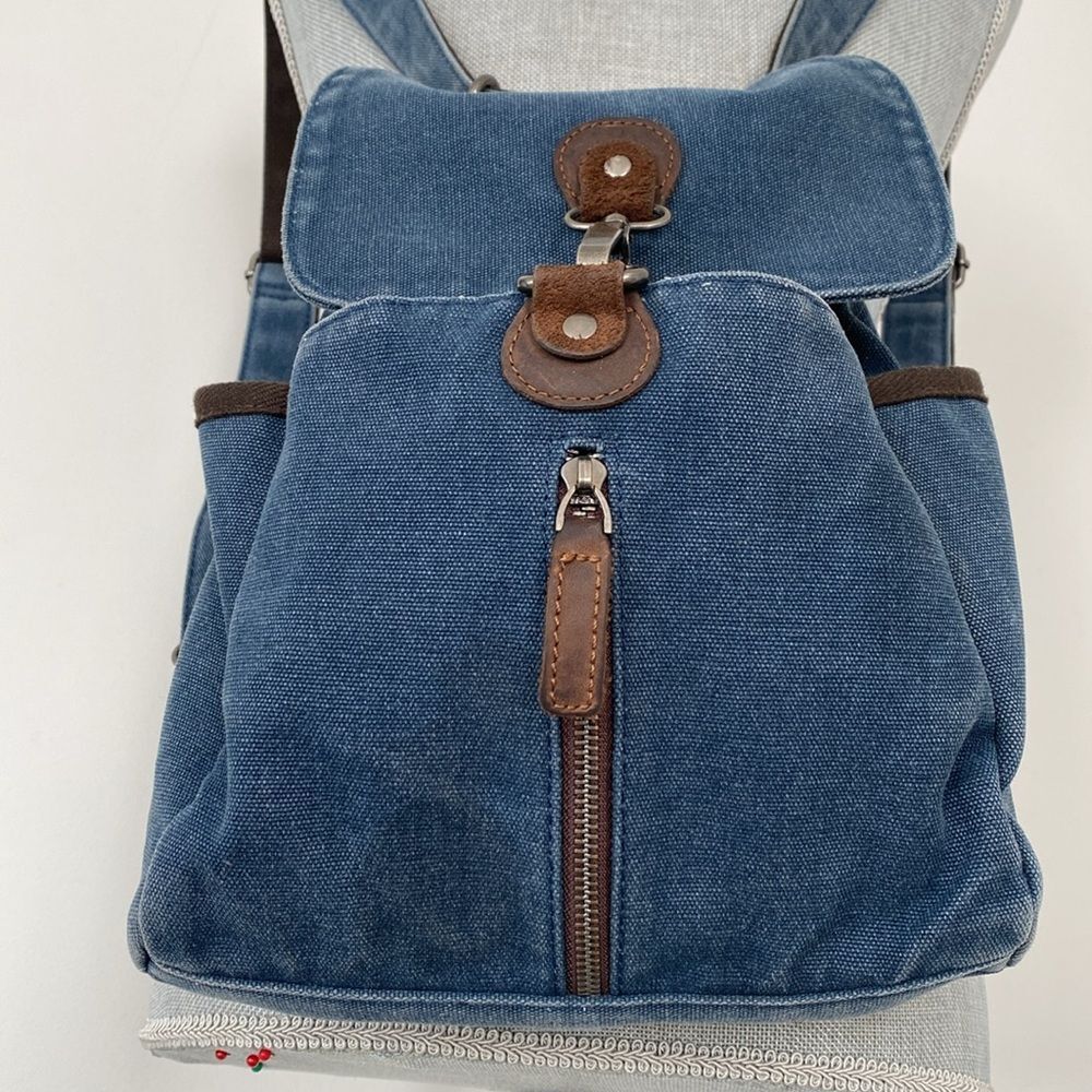 DaVan Blue Canvas Brown Leather Backpack Crossbody Pockets Casual Everyday bag